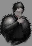  1boy absurdres belt belt_buckle black_clover black_hair black_shirt blood blood_in_mouth blood_on_face blood_on_hands blue_eyes buckle chest_strap cuirass expressionless facial_mark frit_2 fur_coat fur_collar grey_background heterochromia high_collar highres male_focus o-ring red_eyes shirt short_hair simple_background solo tunic zenon_zogratis 