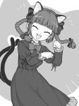  1girl animal_ears bangs black_bow blunt_bangs blush bow bowtie braid cat_ears cat_tail clenched_hands closed_eyes dress extra_ears fang green_background green_dress greyscale hair_bow hands_up kaenbyou_rin long_hair long_sleeves monochrome multiple_tails oninamako open_mouth paw_pose red_bow red_bowtie red_hair smile solo tail touhou twin_braids twintails two_tails 