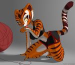  2022 anthro ball_of_yarn black_clothing bottomwear bra clothing dreamworks felid female fur hi_res kung_fu_panda mammal markings master_tigress pantherine shorts solo sports_bra striped_body striped_fur striped_markings striped_tail stripes tail_markings tiger tongue tongue_out underwear up1ter yarn 