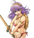  1girl amania_orz athena_(series) bikini breasts cleavage hairband large_breasts long_hair looking_at_viewer navel open_mouth princess_athena purple_hair red_bikini shield simple_background solo swimsuit sword weapon white_background 