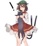  ! 1girl animal animal_ears bangs bow bowtie bright_pupils brown_eyes brown_hair cat cat_ears cat_tail chen dress earrings eyebrows_visible_through_hair feet_out_of_frame gold_trim gominami green_headwear hat highres holding holding_animal holding_cat jewelry long_sleeves longcat mob_cap multiple_tails nekomata petticoat puffy_long_sleeves puffy_sleeves red_dress short_hair simple_background single_earring solo standing tail touhou two_tails white_background white_bow white_bowtie white_pupils 