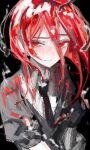  1other androgynous black_background black_neckwear blush cinnabar cinnabar_(houseki_no_kuni) collared_shirt colored_eyelashes commentary_request crystal_hair eyebrows_visible_through_hair gem_uniform_(houseki_no_kuni) hair_between_eyes highres houseki_no_kuni long_bangs looking_at_viewer medium_hair mercury_(element) necktie puffy_short_sleeves puffy_sleeves red_eyes red_hair shirt short_sleeves simple_background siun_5513 solo 