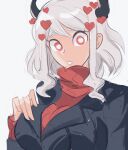  1girl black_jacket breasts demon_girl demon_horns hand_on_own_chest heart heart-shaped_pupils helltaker highres horns jacket large_breasts long_hair modeus_(helltaker) rakeemspoon red_eyes red_sweater ribbed_sweater sweater symbol-shaped_pupils turtleneck turtleneck_sweater white_hair 