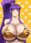  animal_print bangs bikini bikini_top_only biting breasts cleavage eiken gigantic_breasts huge_breasts lip_biting long_hair misono_kirika o-ring o-ring_top paw_print paw_print_background purple_eyes purple_hair simple_background swimsuit tiger_print twrlare very_long_hair 