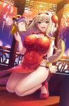  1girl :d bare_arms bare_shoulders blonde_hair blue_eyes breasts bun_cover china_dress chinese_clothes cleavage_cutout clothing_cutout creature double_bun dress fireworks groin hair_intakes hairband highres large_breasts medium_hair no_panties original red_dress red_hairband side_slit smile solo squatting suzuki_nene thighs yuru-chara 