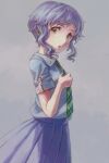  1girl :o argyle argyle_neckwear blue_shirt collared_shirt eyebrows_visible_through_hair from_side green_necktie hand_up idolmaster idolmaster_million_live! light_blue_background light_blue_hair looking_at_viewer makabe_mizuki necktie open_mouth pleated_skirt purple_skirt shirt short_hair skirt solo tareme vaison wavy_hair yellow_eyes 