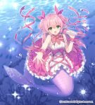 1girl :d air_bubble bangs bubble cardfight!!_vanguard character_name commentary_request dress eyebrows_visible_through_hair frilled_dress frills full_body green_eyes hair_between_eyes hair_ribbon holding holding_microphone long_hair looking_at_viewer mermaid microphone monster_girl official_art pink_dress pink_hair red_ribbon ribbon sakura_neko smile solo two_side_up underwater very_long_hair water wrist_cuffs 
