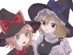  2girls :3 bangs black_bow black_capelet black_eyes black_headwear black_vest blonde_hair blue_eyes blush_stickers bow bowtie braid breasts bright_pupils capelet closed_mouth commentary cookie_(touhou) hair_bow hat hat_bow hirunebu_oekaki kirisame_marisa large_breasts looking_up medium_hair meguru_(cookie) multiple_girls orange_hair purple_bow red_bow red_bowtie shirt short_hair side_braid simple_background single_braid sleeves_past_fingers sleeves_past_wrists smile touhou turtleneck upper_body vest white_background white_pupils white_shirt witch_hat yuuhi_(cookie) 