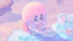  beach blue_eyes close-up footprints highres kirby kirby_(series) looking_at_object pastel_colors rock samitome sand star_(symbol) water 