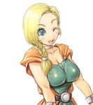  1girl amania_orz belt bianca_(dq5) blonde_hair blue_eyes braid breasts cape dragon_quest dragon_quest_v earrings hair_over_shoulder jewelry large_breasts long_hair looking_at_viewer open_mouth simple_background single_braid smile solo white_background 