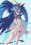  1girl :d blue_cape blue_hair blue_ribbon blue_tail bombergirl brooch cape center_frills collared_dress demon_tail dress drill_hair earrings eyebrows_visible_through_hair eyes_visible_through_hair fangs frills hair_between_eyes jewelry legs_apart lewisia_aquablue light_blue_background open_mouth pointy_ears ribbon short_dress sleeveless sleeveless_dress smile solo tail tongue tongue_out twin_drills vaison white_dress yellow_eyes 