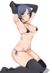  1girl absurdres armpits arms_up bangs bikini black_bikini black_gloves black_legwear blue_hair breasts choker covered_nipples elbow_gloves eyebrows_visible_through_hair from_side gloves hayami_kanade highres idolmaster idolmaster_cinderella_girls kneeling medium_breasts micro_bikini parted_bangs seihekiog shiny shiny_hair shiny_skin short_hair side-tie_bikini simple_background skindentation smile solo strap_gap string_bikini swimsuit thighhighs thighs underboob 