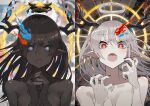 2girls bare_shoulders black_hair black_nails blue_sclera breasts cleavage colored_sclera colored_skin dark-skinned_female dark_skin halo highres horns katsu_(katsupainter) looking_at_viewer multiple_girls nude open_mouth original ouroboros pointy_ears red_sclera turtle white_hair white_skin yellow_eyes 