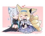  ;d animal_ear_fluff animal_ears apron arknights bangs bare_shoulders black_cloak black_footwear black_gloves blonde_hair boots braid brown_eyes cloak colored_eyelashes colored_shadow commentary eighth_note english_commentary eyebrows_visible_through_hair fox_ears fox_girl fox_tail gloves green_eyes grey_hair hair_between_eyes hair_rings heart hoimi_slime kitsune kurotofu long_hair musical_note notice_lines one_eye_closed parted_lips pink_background rosmontis_(arknights) shadow shirt smile suzuran_(arknights) tail twin_braids twitter_username two-tone_background waist_apron white_apron white_background white_shirt 