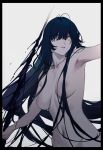  1girl absurdres antenna_hair armpits black_hair breasts collarbone copyright_request duoyuanjun eyebrows_visible_through_hair grey_background highres holding holding_weapon large_breasts long_hair navel nipples parted_lips simple_background solo upper_body weapon yellow_eyes 