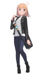  1girl bag black_eyes black_jacket blonde_hair eyebrows_visible_through_hair highres jacket long_sleeves looking_at_viewer medium_hair open_clothes open_jacket original pants saiste shirt shoulder_bag simple_background smile solo standing white_background white_shirt 