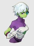  1girl bodysuit breasts cheelai colored_skin dragon_ball dragon_ball_super dragon_ball_super_broly gloves green_hair green_skin grey_background kemachiku looking_at_viewer medium_breasts pink_eyes purple_bodysuit scouter short_hair simple_background solo white_gloves white_hair 