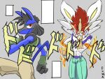  animal_humanoid anthro blue_body blue_fur caesar_zeppeli canid canine cinderace duo fur grey_body grey_fur hi_res humanoid japanese_text jojo&#039;s_bizarre_adventure joseph_joestar lagomorph lagomorph_humanoid lucario male mammal mammal_humanoid mr_fuwa nintendo pok&eacute;mon pok&eacute;mon_(species) pose red_body red_eyes red_fur spikes text video_games 