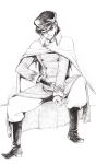  1boy boots cape dio_brando gloves graphite_(medium) greyscale hat hat_over_one_eye jojo_no_kimyou_na_bouken long_coat military military_hat military_uniform monochrome niku_harumaki official_alternate_costume phantom_blood sitting solo traditional_media uniform 