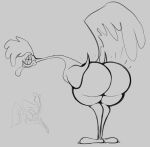  anthro avian bent_over bird butt cuculiform hi_res legs_together looking_at_viewer looking_back looking_back_at_viewer looney_tunes male monochrome narrowed_eyes new_world_ground_cuckoo presenting presenting_hindquarters road_runner_(looney_tunes) roadrunner simple_background smile smirk smokey_blokey solo thick_butt tongue tongue_out warner_brothers wile_e._coyote 