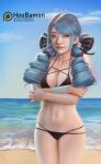  1girl artist_name bangs beach bikini black_bikini black_bow bow breasts cleavage closed_mouth collarbone commentary crossed_arms drill_hair earrings english_commentary green_hair gwen_(league_of_legends) hair_bow hair_ornament highres hoo_bamon jewelry league_of_legends looking_at_viewer navel smile solo swimsuit twin_drills twintails web_address 