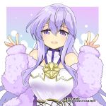  1girl bare_shoulders belt blush book cape circlet colored_eyelashes detached_sleeves dress eyebrows_visible_through_hair fingernails fire_emblem fire_emblem:_genealogy_of_the_holy_war fluff hair_between_eyes julia_(fire_emblem) long_hair looking_at_viewer open_mouth purple_eyes purple_hair smile solo twitter_username upper_body white_dress yukia_(firstaid0) 