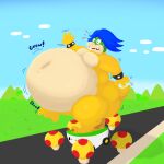  4_fingers anthro belly belly_expansion belly_inflation big_belly big_butt bloating blue_hair bodily_fluids butt expansion fingers fungus growth hair hyper hyper_belly inflation koopaling koopaminion love_handles ludwig_von_koopa male mario_bros mario_kart mega_mushroom motion_lines mushroom navel nintendo on_one_leg scalie solo standing sweat sweatdrop teeth thick_thighs video_games wheels 