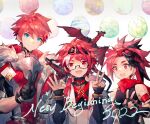  3boys blue_eyes character_request child commentary_request dragon elsword looking_at_viewer multiple_boys ok_sign open_mouth orb red_eyes red_hair scorpion5050 teeth v white_background 