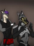  anthro black_body boxers_(clothing) canid canine canis charger clothing duo fur grey_body grey_chest grey_fur hair low_battery machine male male/male mammal nicolasthewolf protogen purple_hair underwear wolf 