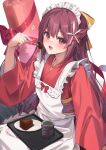  1girl absurdres apron blush cake cup eyebrows_visible_through_hair flower food fork green_tea hair_between_eyes hair_flower hair_ornament hair_ribbon highres holding holding_fork japanese_clothes kamikaze_(kancolle) kantai_collection kimono kokenashi long_hair long_sleeves maid_apron maid_headdress meiji_schoolgirl_uniform open_mouth purple_eyes purple_hair red_kimono ribbon simple_background smile solo tea tray wa_maid white_apron white_background white_flower wide_sleeves yellow_ribbon 