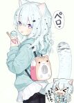  &gt;_&lt; 1girl :p animal_ear_fluff backpack bag bangs black_legwear capriccio chibi chibi_inset commentary_request food hair_between_eyes hood hood_down ice_cream light_blue_hair long_hair long_sleeves original pantyhose purple_eyes simple_background skirt solo tail thighband_pantyhose tongue tongue_out translated wavy_hair white_background white_skirt 