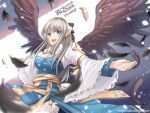  1girl arch_bishop_(ragnarok_online) bangs blue_dress blue_eyes blush bow breasts brown_bow brown_wings cleavage cleavage_cutout clothing_cutout commentary cowboy_shot cross dress eyebrows_visible_through_hair feathered_wings feathers frilled_legwear grey_hair hair_bow juliet_sleeves large_breasts long_hair long_sleeves looking_at_viewer mizonaki open_mouth pointy_ears puffy_sleeves ragnarok_online sash smile solo thighhighs two-tone_dress web_address white_dress white_legwear wings yellow_sash 
