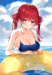  1girl absurdres ayamy bangs bare_shoulders blue_sky blush breasts cleavage cloud cloudy_sky collarbone day eyebrows_visible_through_hair fingernails heterochromia highres hololive houshou_marine innertube large_breasts long_hair looking_at_viewer ocean outdoors partially_submerged red_eyes red_hair scan shiny shiny_clothes shiny_hair simple_background sky smile solo swimsuit tied_hair tongue tongue_out twintails upper_body virtual_youtuber water water_drop wet yellow_eyes 