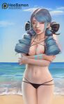  1girl artist_name bangs beach bikini black_bikini black_bow bow breasts cleavage collarbone commentary crossed_arms drill_hair earrings english_commentary green_hair gwen_(league_of_legends) hair_bow hair_ornament half-closed_eyes highres hoo_bamon jewelry league_of_legends looking_at_viewer navel nipples smile solo swimsuit tongue tongue_out twin_drills twintails web_address 