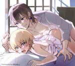  2boys absurdres ass blonde_hair blue_eyes blush brown_hair chrollo_lucilfer commission earrings grin highres holding_another&#039;s_wrist hunter_x_hunter indoors itsme_takk jewelry kurapika male_focus multiple_boys open_clothes open_mouth open_shirt pectorals short_hair smile yaoi 