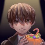  1boy black_hair brown_eyes candy candy_cane cape darren_shan food highres hikagami_(june_lotus) pumpkin short_hair smile solo the_saga_of_darren_shan upper_body vampire_costume 