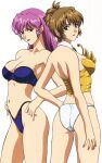  1990s_(style) 2girls absurdres agent_aika aida_rion aika_(series) ass back back-to-back blue_eyes bra breasts brown_hair bustier cameltoe cleavage collarbone crotch_seam detached_collar earrings folded_ponytail hand_on_hip highres jewelry large_breasts lingerie lipstick makeup multiple_girls navel neena_hagen panties pink_hair purple_bra purple_panties red_lips retro_artstyle smile standing sumeragi_aika underwear underwear_only white_panties yamauchi_noriyasu 