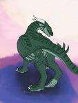  ambiguous_gender dragon feral green_body hi_res hondra male rear_view rienkarrot solo solo_focus striped_body stripes yellow_eyes 