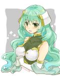  1girl bangs bare_shoulders blush breasts circlet fire_emblem fire_emblem_echoes:_shadows_of_valentia flower gem green_eyes green_hair holding long_hair looking_at_viewer medium_breasts open_mouth own_hands_together solo tatiana_(fire_emblem) twitter_username upper_body yukia_(firstaid0) 