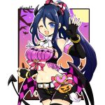  1girl armpit_peek bangs bare_shoulders bat belt black_gloves blue_eyes blue_hair breasts cleavage demon_girl demon_horns demon_tail demon_wings detached_sleeves eyebrows_visible_through_hair fire_emblem gloves hair_ornament halloween hand_up horns large_breasts long_hair looking_at_viewer midriff moon nail_polish navel night one_eye_closed open_mouth orange_nails oribe_tsubasa ponytail short_shorts shorts smile solo tail tokyo_mirage_sessions_fe twitter_username wings yukia_(firstaid0) 