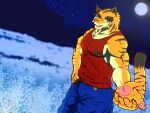  afezeria1844 alternate_version_at_source anthro big_muscles blue_bottomwear blue_clothing blue_eyes blue_pants bottomwear clothed clothing cloud felid hi_res landscape light looking_at_viewer male mammal moon moonlight morenatsu muscular night outstretched_hand pantherine pants plant shirt sky smile snow solo standing star tank_top tiger topwear torahiko_(morenatsu) tree video_games visual_novel winter 