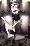  1boy absurdres arm_rest arms_on_table black_clover black_hair black_shirt blurry blurry_background blurry_foreground brown_jacket cape card crown dante_zogratis depth_of_field facial_hair facial_mark frit_2 full_house_(poker) fur_cape fur_collar gem goatee green_eyes grin hair_behind_ear hair_slicked_back high_collar highres indoors jacket light_particles light_rays looking_at_viewer male_focus mustache narrowed_eyes open_mouth outstretched_hand playing_card poker_chip shirt short_hair shoulder_strap sideburns single_sidelock smile smug solo straight-on teeth upper_teeth 