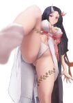  1girl artist_request ass black_hair blurry blurry_foreground breast_tattoo breasts brown_hair fingernails forehead from_below gradient_hair hair_ribbon highres horns japanese_clothes kamado_nezuko kimetsu_no_yaiba kimono lace lace_panties large_breasts leg_up long_hair long_sleeves looking_at_viewer multicolored_hair obi open_clothes open_kimono panties pink_eyes pink_kimono pink_ribbon ribbon sash sharp_fingernails simple_background single_horn socks solo standing standing_on_one_leg stomach tattoo thighs underwear white_background white_legwear white_panties 