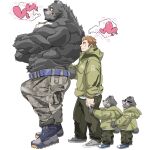  &lt;3 abs anthro belt big_bulge big_muscles black_body black_fur blush boots bottomwear brown_hair bulge cargo_pants chan_kiti_chan_(artist) child clothing crescent_(shape) eyewear family fangs father father_and_child father_and_son footwear fur glasses group hair hand_holding hi_res hoodie human human_on_anthro interspecies larger_anthro male male/male mammal muscular muscular_anthro muscular_male pants parent parent_and_child pecs ring romantic romantic_couple shirtless size_difference smaller_human son topwear ursid young 