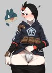  1girl absurdres black_hair blue_eyes blush breasts clothes_pull female_pubic_hair fundoshi grey_background groin hair_ornament hair_over_one_eye highres ie_(raarami) japanese_clothes lifted_by_self looking_at_viewer mai_(pokemon) mole mole_under_mouth pants pants_pull pokemon pokemon_(game) pokemon_legends:_arceus pubic_hair pubic_hair_peek pussy_juice simple_background solo sweatdrop 