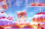 :3 absurdres animal animal_focus bakery blue_eyes blurry cafe cake cat concept_art dessert english_commentary food fruit highres icing kaiify kitten no_humans original pastry patreon_username pet shop smile strawberry 