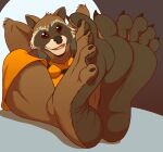  anthro black_soles claws clothing ears_up edit feet foot_fetish foot_focus fur guardians_of_the_galaxy hands_behind_back head_tilt hi_res humanoid looking_at_viewer male mammal marvel muscle_tone paws procyonid raccoon rocket_raccoon smile soles solo toes zp92 