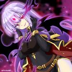  1girl aura bare_shoulders breasts cloak corruption crystal dark_persona diamond_(shape) elbow_gloves evil evil_smile fire_emblem fire_emblem:_genealogy_of_the_holy_war gloves glowing glowing_eye half-holding julia_(fire_emblem) large_breasts lipstick looking_at_viewer loptous_(fire_emblem) makeup possessed purple_eyes red_eyes simple_background slit_pupils smile thighs twitter_username weapon white_background yukia_(firstaid0) 
