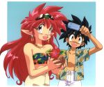  1boy 1girl arara_cocoa arm_up baba_lamune bangs black_eyes black_hair casual coconut earrings eyebrows_visible_through_hair floral_print flower food headpiece hibiscus holding holding_food jewelry long_hair looking_at_viewer necklace ng_knight_lamune_&amp;_40 non-web_source official_art open_clothes open_mouth open_shirt pointy_ears popsicle red_eyes red_hair short_hair strapless tube_top 