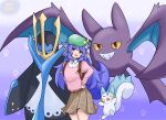  .live 1girl alternate_costume animal_ears bag belt casual commentary_request crobat empoleon highres long_hair looking_at_viewer pachirisu pokemon pokemon_(creature) purple_hair rurun_rururica simple_background solo virtual_youtuber wolf_ears yellow_eyes 